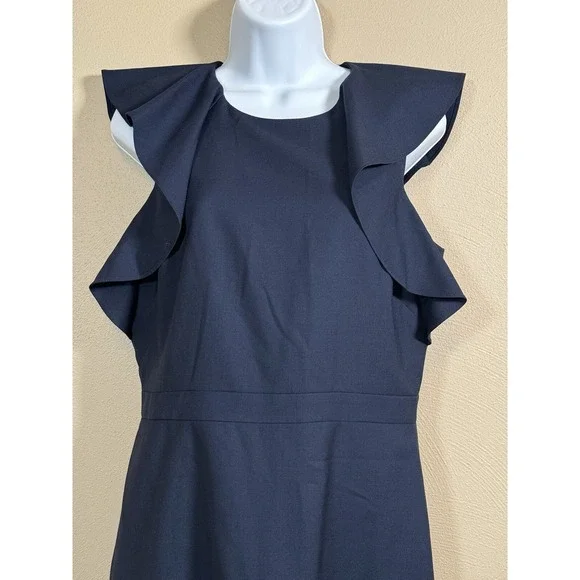 J.CREW Women's Monday Dress Lined Solid 100% Blue Wool Ruffle Sheath Career Sz 8 - Picture 9 of 16